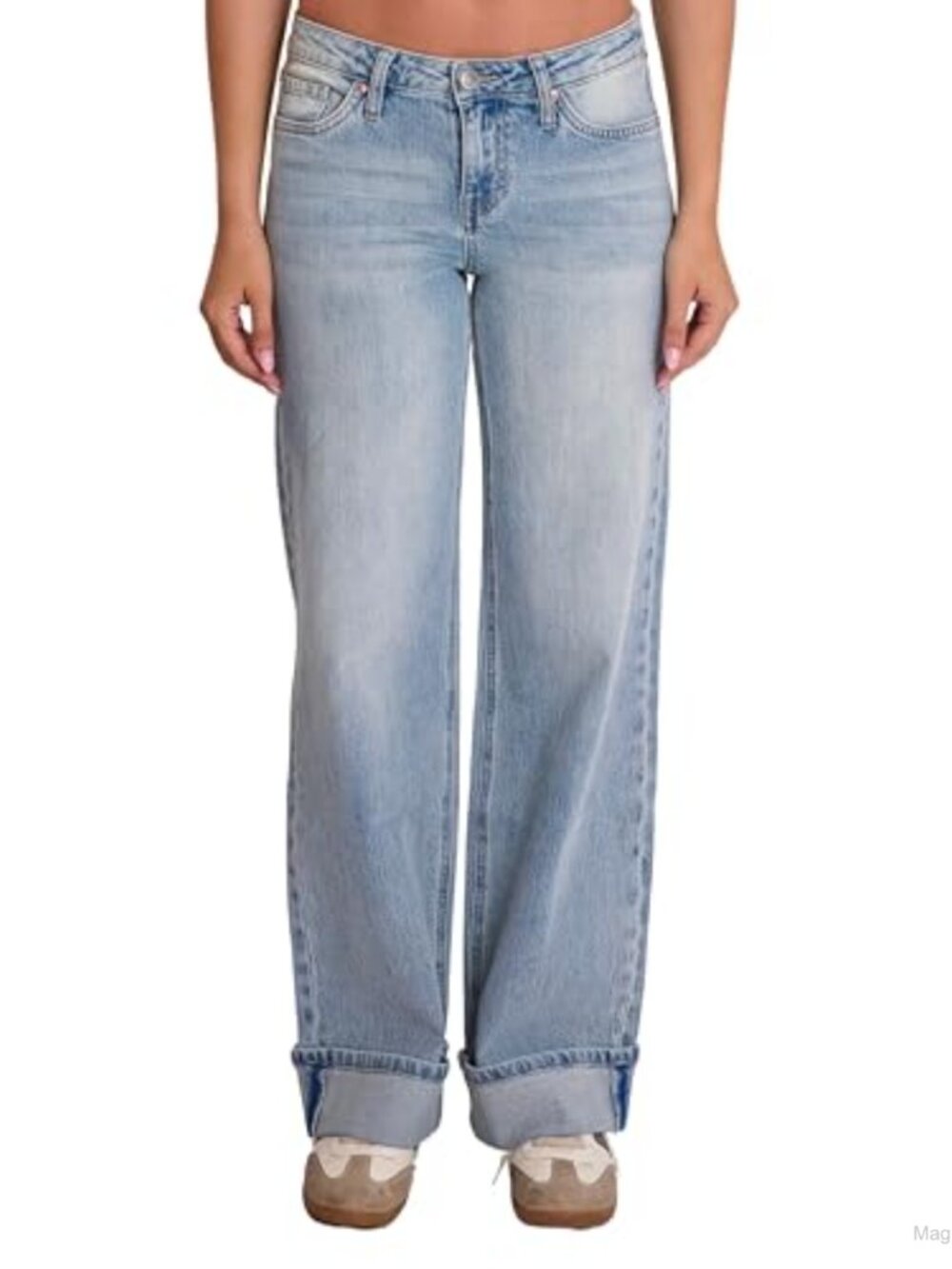 Low Rise Wide Leg Cuffed Jeans 99% Cotton Stretch Denim
